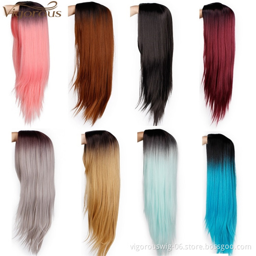 Vigorous Ombre Gray Long Silky Straight Middle Part Wigs Middle Part Synthetic Wig Heat Resistant Fiber Wig For Women